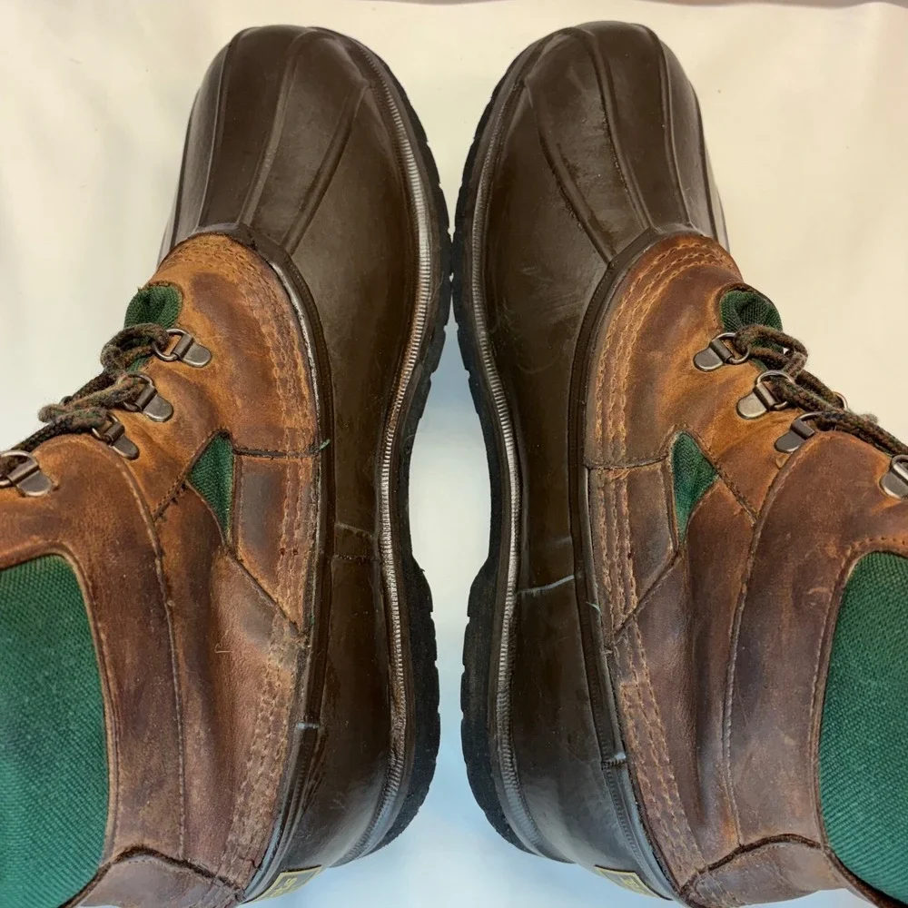 VTG LL Bean Duck Boots Mens 11‎ Leather Green Canvas Waterproof Rain Snow Boot